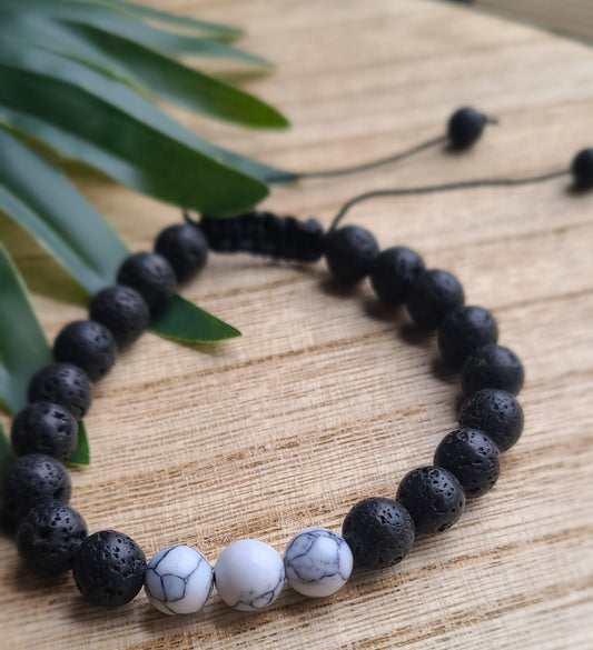 Patience Protection Adjustable Howlite + Lava Bead Bracelet - 8 mm